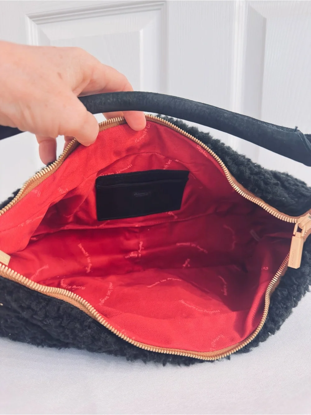 HAMMITT ~ Black Sherpa Shoulder Bag with Gold Hardware and Red Monogram Interior